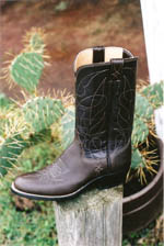Choc softy buffalo with round toe, toe flower and one row white stitching and semi-cowboy heel.
