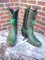 Avocado softy water buffalo bottom with 10-inch forest green water buffalo top and a star overlay.  Wide box toe and cowboy heel.