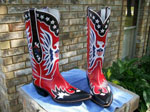 Red, white, and blue kangaroo with MWF initials inlayed in striped red, white, and blue.  Mule ears on outsides of both boots.